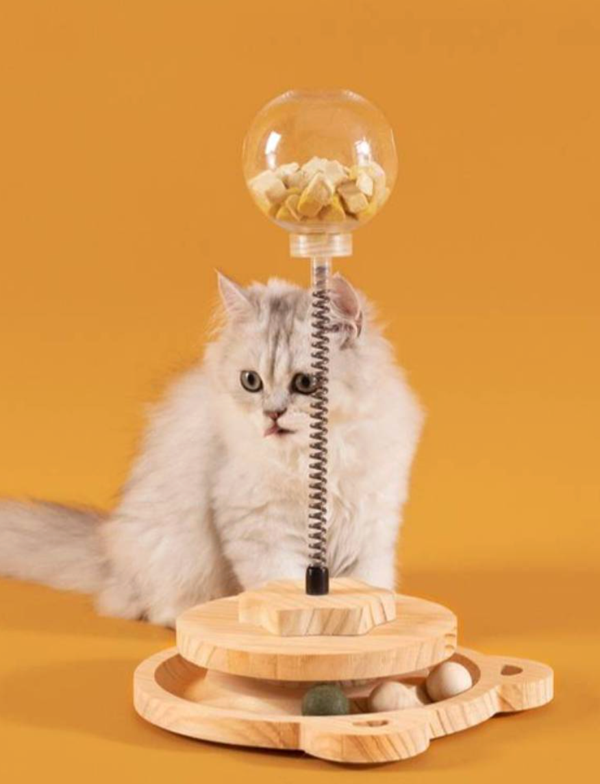 Eco-Friendly Wooden Cat Treat Dispenser Toy with Interactive Balls