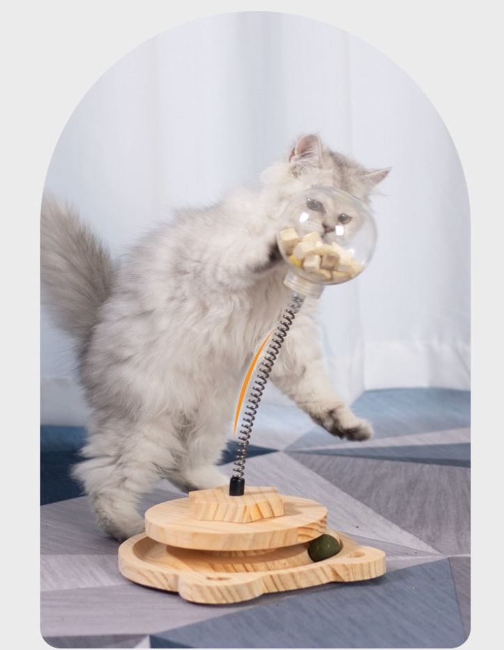 Eco-Friendly Wooden Cat Treat Dispenser Toy with Interactive Balls